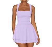 PAIDAXING Womens Trendy Square Neck Sleeveless Ruched Ruffle Hem Mini Dress Casual Slim Fit Solid Color High Waisted A-LIne Short Summer Dress Ladies Teen Girls