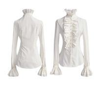 PAIDAXING Women's Victorian Shirt Button Down Long Sleeve Stand Collar Frilly Ruffle Gothic Blouse Retro Flared Sleeve Renaissance Tops Carnival Vampire Blouse White