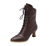 PAIDAXING Women's Victorian Style Ankle Boots Louis Heel Cross Lace Up Mid Calf Boots with Side Zipper Pointed Toe Retro Leather Booties for Women Elegant Autumn Winter Fashion Shoes