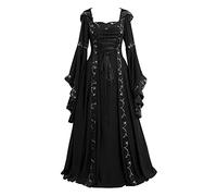 PAIDAXING Women's Vintage Medieval Costume Long Trumpet Sleeves Maxi Victorian Dress Retro Renaissance Gown Floor Length Empire Princess Dress for Cosplay Halloween Party