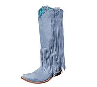 PAIDAXING Womens Western Boots Wide Fit Wide Calf Knee High Chunky High Heel with Fringe Detail Winter Lined Cowgirl Boots for Ladies UK