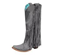 PAIDAXING Womens Western Boots Wide Fit Wide Calf Knee High Chunky High Heel with Fringe Detail Winter Lined Cowgirl Boots for Ladies UK