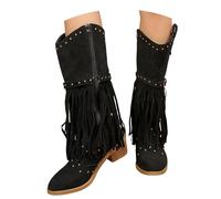 PAIDAXING Women's Western Cowboy Knee High Wide Shaft Boots with Fringe Retro Chunky Block Heel Pointed Toe Suede Boots for Women Autumn Winter Ladies Plus Size Fashion Riding Boot