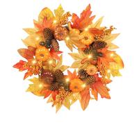 PAIKOE Autumn Wreath for Front Door, 40cm Fall Artificial Wreath with Pumpkins, Artificial Pumpkins Wreath, Thanksgiving Wreaths, Halloween Wreath for Window Wall Decorations (A with Light)