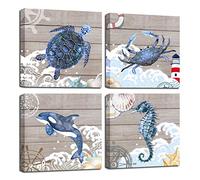 Paimuni Teal Blue Sealife Canvas Prints for Bathroom 4 Pieces Turtle Seahorse Crab Dolphin Beach Theme Wall Art Pictures Ready to Hang 12 x 12 Inch