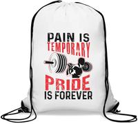 Pain is Temporary Pride is Forever Gym Logo Back Squat Gym Sack Casual Drawstring Bag White
