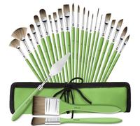 Paint Brushes Set of 25 Pieces Wooden Handles Brushes，Professional Artist Series with Filbert, Fan, Dagger, Cat Tongue, Round, Angle, Wide Flat Canvas Roll Bag & Palette Knife