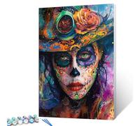 Paint by Number Abstract Person Portrait with Flowers DIY Painting On Canvas with Brushes Acrylic Day of the Dead Skull Paint by Numbers for Adults and Kids Students Beginner 16x20 Inch（DIY Frame）