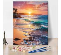 Paint by Number for Adults Beginner Beautiful Sunset on the Beach Oil Painting Kits for Adults Summer Landscape DIY Paint by Number Kits for Beginners Watercolor Canvas 16x20 Inch Without Frame