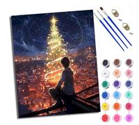 Paint by Number for Adults Beginner Canvas Boy looking at Christmas tree from the top of the city Choice for Anniversary or Any Festival Acrylic Painting Kit for Room Decor 16x20 inch With frame