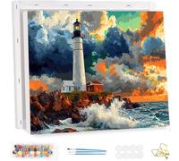 Paint by Number for Adults with Frame, DIY Ocean Adults Paint by Number Kits on Canvas, Painting by Numbers Crafts Kit, Lighthouse Oil Painting Kits for Beginners, for Home Wall Decor 30x40cm YF-4827
