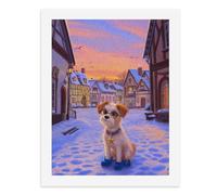 Paint by Numbers A Charming Dog Wearing Glasses Sits on Cobblestones in Front of Quaint Snow-Covered Houses Digital Painting Kit for Adults Create Your Own Magical Scene Art Supplies Unframed 40x50CM