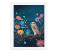 Paint by Numbers A Colorful Owl Perched on A Branch Amidst Vibrant Flowers Under Starry Night Skies Digital Painting Kit for Adults Create Your Own Magical Scene Art Supplies Unframed 40x50CM
