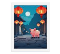 Paint by Numbers A Cute Pig Stands on A Cobblestone Street Under Red Lanterns Digital Painting Kit for Adults Create Your Own Magical Scene Art Supplies Unframed 40x50CM
