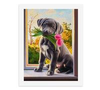 Paint by Numbers A Cute Puppy Holding Pink Tulips on The Windowsill Digital Painting Kit for Adults Create Your Own Magical Scene Art Supplies Unframed 40x50CM
