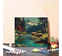 Paint by Numbers Bear Paint by Numbers Adults River, Hobbies for Adults Easy DIY Canvas Paintings Craft Art Kits for Kids with Accessories for Home Wall Decoration, Gifts 40x40cm Without Frame R-605R