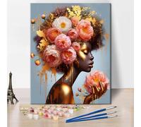Paint by Numbers Beautiful Black Girl, DIY Paint by Numbers Kit for Adults , Girl with Flowers on Her Head Abstract Painting by Numbers Gold Girl Oil Painting Arts and Craft for Home Decor 16x20Inch