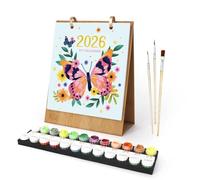 Paint by Numbers Calendar Kit,2026 Calendar 12 Month Standing Flip Planner,Desk Calendar with Pre-Printed Canvas & Paints,12 Different Green Plants Potted Flowers for Home Office Plannings