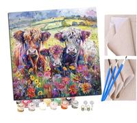 Paint by Numbers for Adults, 40x40 cm Acrylic Oil Paints by Numbers for Adults Beginner Kids Three Highland Cattle on a Flowery Meadow (3) Painting Kit with 4 Brushes Watercolor Paints Easy