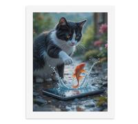 Paint by Numbers for Adults-A Black and White Cat Reaching Out with Its Paw, Splashing Water As A Goldfish Leaps from A Smartphone -for Home Wall Decor 12X16Inch