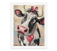 Paint by Numbers for Adults-A Black and White Cow with A Pink Bow on Its Head and A Red Heart-Shaped Pendant Around Its Neck, Looking Surprised -for Home Wall Decor 12X16Inch