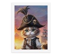 Paint by Numbers for Adults-A Cat Wearing A Pirate Hat, Vest, and Belt Standing on A Beach with A Ship in The Background -for Home Wall Decor 12X16Inch