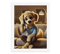 Paint by Numbers for Adults-A Dog in A Blue Shirt and Brown Pants Sitting on A Couch, Holding A Phone to Its Ear with A Sad Expression -for Home Wall Decor 12X16Inch
