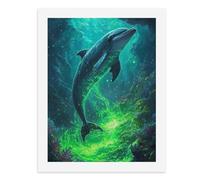 Paint by Numbers for Adults-A Dolphin Swimming in A Glowing Underwater Cave with Green Light and Colorful Corals -for Home Wall Decor 12X16Inch