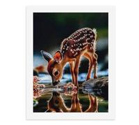 Paint by Numbers for Adults-A Fawn Drinking Water from A Pond, with Its Reflection Visible in The Water and Nearby Flowers -for Home Wall Decor 12X16Inch