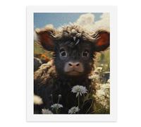Paint by Numbers for Adults-A Fluffy Black Calf with Big Eyes Lying in A Field of White Daisies -for Home Wall Decor 12X16Inch