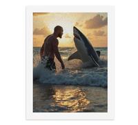 Paint by Numbers for Adults-A Man and A Great White Shark in The Ocean at Sunset, with Waves Splashing Around Them -for Home Wall Decor 12X16Inch