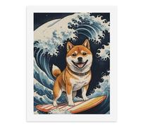 Paint by Numbers for Adults-A Shiba Inu Dog Standing on A Surfboard with A Big Wave in The Background -for Home Wall Decor 12X16Inch
