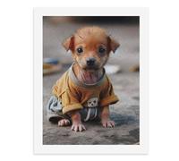 Paint by Numbers for Adults-A Small Brown Puppy Wearing A Yellow Shirt and Gray Pants, Sitting on The Ground with Big Eyes -for Home Wall Decor 12X16Inch