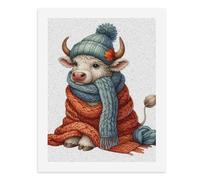 Paint by Numbers for Adults-A Small Cow Wearing A Blue Knit Hat with A Pom-pom, A Blue Scarf, and an Orange Blanket-for Home Wall Decor 12X16Inch
