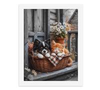 Paint by Numbers for Adults-A Small Dog and an Orange Kitten Lying in A Basket, with A Pot of Daisies Nearby -for Home Wall Decor 12X16Inch