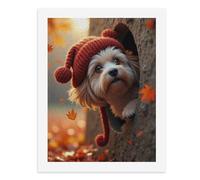 Paint by Numbers for Adults-A Small Dog Wearing A Red Knitted Hat Peeking Out of A Hole, Surrounded by Autumn Leaves -for Home Wall Decor 12X16Inch