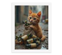 Paint by Numbers for Adults-A Small Orange Kitten Holding A Burlap Bag with Beer Bottles Around It on The Ground -for Home Wall Decor 12X16Inch