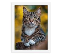 Paint by Numbers for Adults-A Tabby Cat with White Chest and Paws, Lying on A Wooden Post, Green Eyes, Whiskers -for Home Wall Decor 12X16Inch