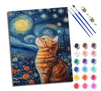 Paint by Numbers for Adults and Beginner Kitten Looking up at The Moon DIY Color Oil Painting Acrylic Paints Home Wall Decor 40x50cm/16x20in with Frame