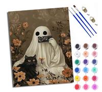 Paint by Numbers for Adults and Beginner Painting by Number Ghost and Black cat Taking Photos with Frame Oil Paintings on Canvas House Wall Decor 16x20in
