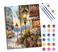 Paint by Numbers for Adults and Beginner Small Town Flower Shop Street Lights DIY Color Oil Painting Acrylic Paints Home Wall Decor 40x50cm/16x20in with Frame