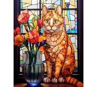 Paint by Numbers for Adults and Kids Beginner,Cat Near A Vase of Flowers,Stained Glass,DIY Painting on Canvas,Paintwork with Paintbrushes Acrylic Paints,16x20 Inch,Without Frame