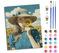 Paint by Numbers for Adults DIY Painting by Numbers Kits with Acrylic Paints Pre Printed Canvas and Brushes Gift Wall Decor 16x20 inch Without Frame Sunflower field, straw hat, woman holding flowers