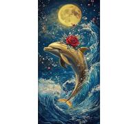 Paint by Numbers for Adults, Dolphin Moon Painting by Number Kits On Canvas, Adults Beginners DIY Acrylic Oil Craft Art Painting Kits with Brushes Gifts for Home Wall Decor (12x24inch/30x60cm) w-298