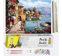Paint by Numbers for Adults - Harbour - DIY Acrylic Paint by Number Kit for Beginner - Pre Printed Canvas with 3 Paint Brushes and Colorful Set of Paints - Good for Relaxation