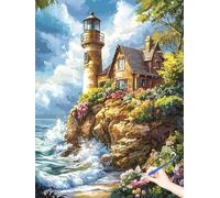 Paint by Numbers for Adults Landscape Painting by Numbers for Adults Beginner DIY Lighthouse Color Oil Painting on Canvas Art and Craft Kits for Autumn Decorations Gifts Without Frame 90x120cm J-02