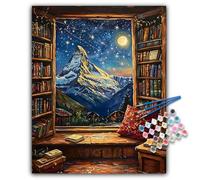 Paint by Numbers for Adults, Mountain Library Starry Night, 16x20 Inch | DIY Acrylic Canvas Painting Set, without Frame, Relaxing Craft Kit for Beginner, Stress Relief Hobby Gift Home Wall Decor