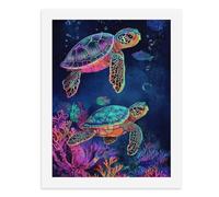Paint by Numbers for Adults-Two Neon-Colored Sea Turtles Swimming Above Colorful Coral Reefs with Small Fish and Bubbles in The Background -for Home Wall Decor 12X16Inch