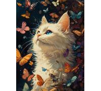 Paint by Numbers for Adults White Cat, DIY Painting by Number Kits for Kid&Beginner, Butterfly Colorful Oil Painting Canvas, Great for Fall Festival Gifts Home Wall Decor 45x60cm, with Frame A-21
