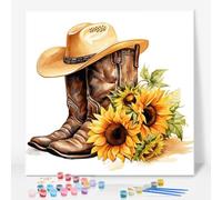 Paint by Numbers for Adults with Frame, Cowboy Boots Easy Framed Paint by Numbers Kits on Canvas for Beginner, Sunflower DIY Acrylic Oil Adult Painting by Numbers for Gift Home Decor 10 x 10 inch